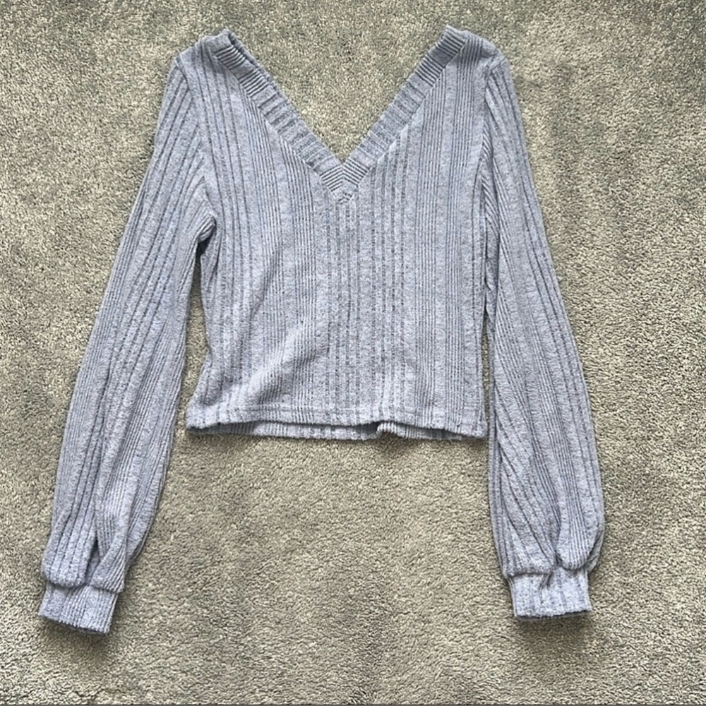 Gray Blue Ribbed V-Neck Sweater